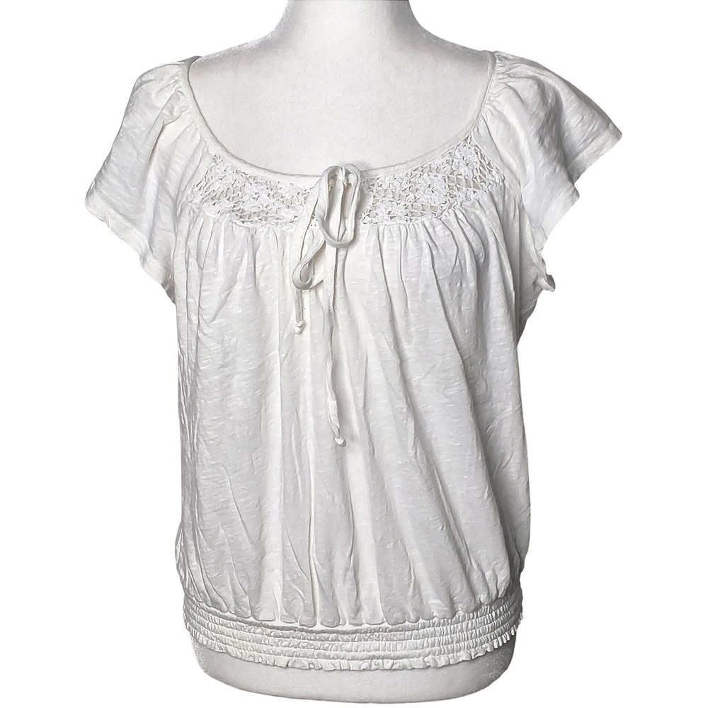 Cottagecore Mossimo Supply Co. Peasant Blouse Women XL White Crochet Tie Neck